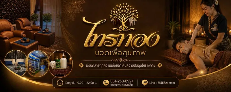 แบนเนอร์แบรนด์ไทรทองนวดเพื่อสุขภาพ โทนน้ำตาลทอง