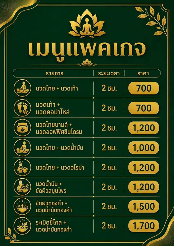 เมนูแพ็กเกจนวด 2 ชั่วโมง ไทรทองนวดเพื่อสุขภาพ สาขาบางขุนนนท์